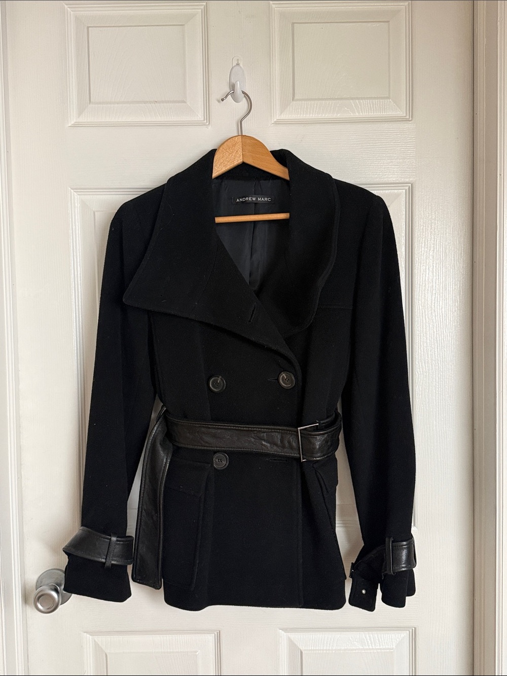 Andrew Marc Black Wool Belted Pea Coat with Leather Trim